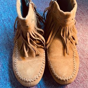 Cognac Fringe Moccasin Booties